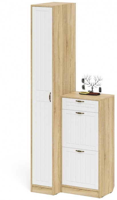 Прихожая П-6 Компоновка № 42, дуб сонома/фасады МДФ белое дерево фрезеровка прованс