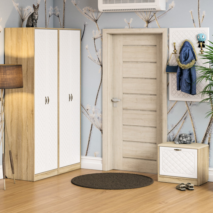 Прихожая П-6 Шкаф + Шкаф, дуб сонома/фасады МДФ белое дерево фрезеровка ромб