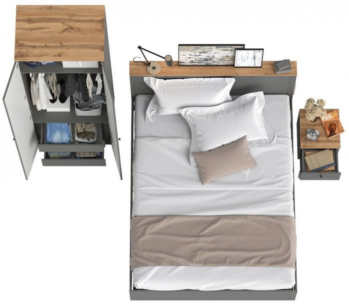 Остин 11.53 Кровать + ортопед + 13.336.02 Шкаф для одежды + 16.152 Тумба прикроватная, серый графит/дуб крафт золотой