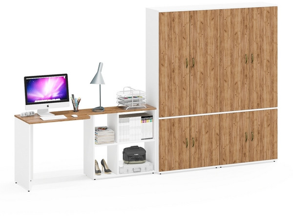 Лидер-8 Стол + Шкаф МД 20Б + Шкаф МД 20Б, цвет белый шагрень/крафт золото, ШхГхВ 325х50/37,5х75/190 или 115х240/50х75/190 см., НЕ ун. сборка