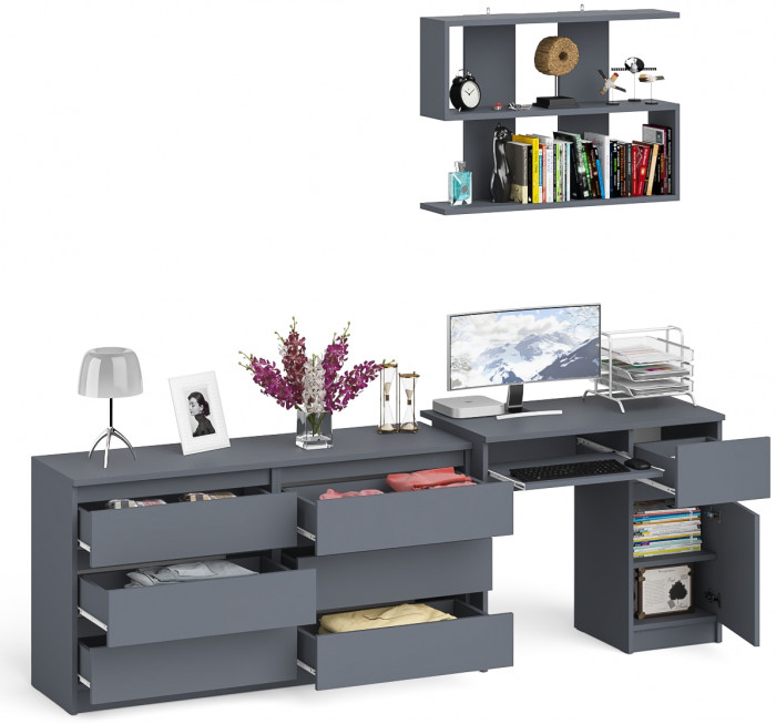 Мори Стол компьютерный МС-1 правый + Комод МК1380.6 + Полка 900, цвет графит, ШхГхВ 228х50х209,6 см., НЕ универсальная сборка