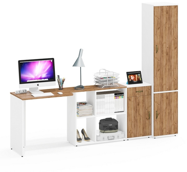 Лидер-8 Стол + Тумба МД 3.15 + Пенал МД 21Б, белый шагрень/крафт золото