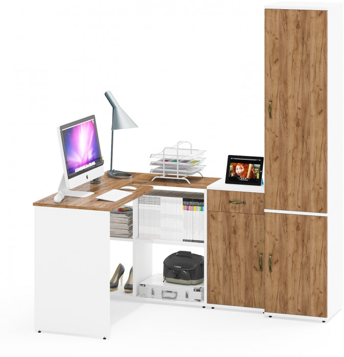 Лидер-8 Стол + Тумба МД 3.15 + Пенал МД 21Б, белый шагрень/крафт золото