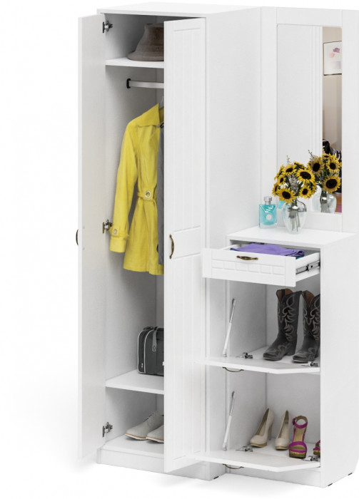 Прихожая П-6 Компоновка № 17, белая шагрень/фасады МДФ белое дерево фрезеровка прованс