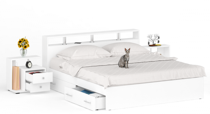 Камелия Кровать с ящиками 1800 + две тумбы, белый