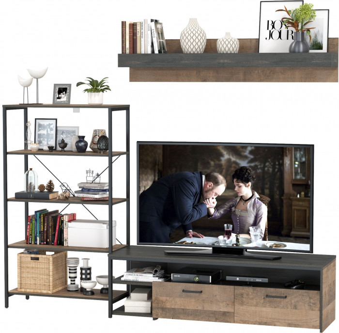 Трувор 13.70 Тумба под ТВ + 13.151.01 Стеллаж + 15.60 Полка, дуб гранж песочный/интра