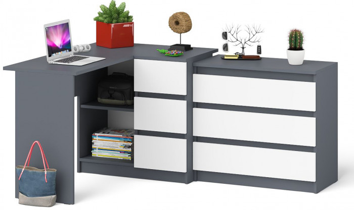 Мори компьютерный стол МС-16 правый + Комод МК800.1, графит/белый
