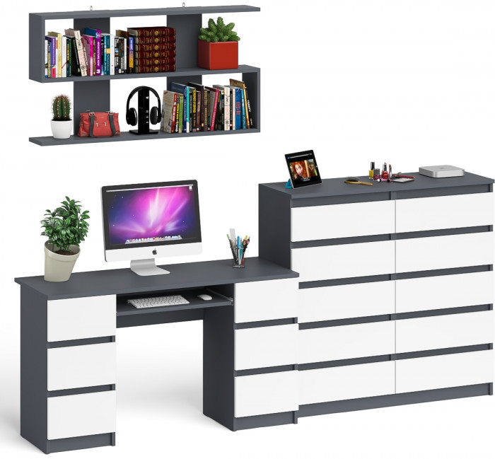 Мори компьютерный стол МС-2 + Комод МК1200.10 + Полка 1200, графит/белый