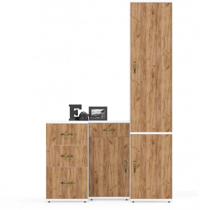 Лидер-8 Пенал МД 23Б + Тумба МД 3.15 + Тумба МД 3.16, цвет белый шагрень/крафт золото, ШхГхВ 120х50х190 см., универсальная сборка