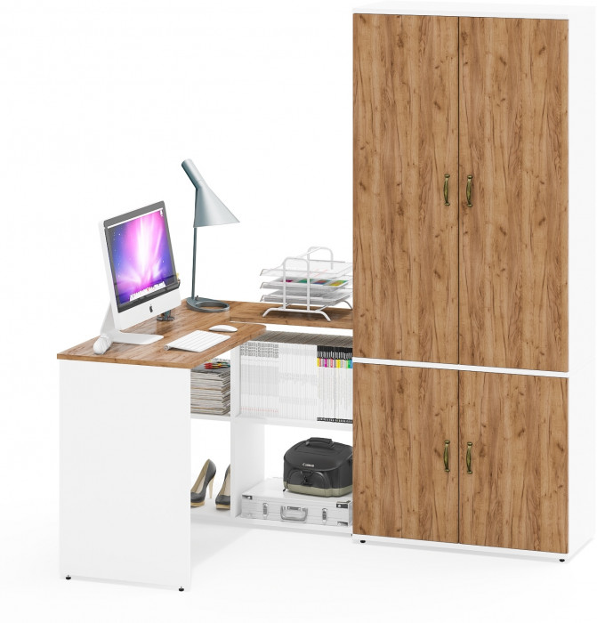 Лидер-8 Стол + Шкаф МД 20Б, цвет белый шагрень/крафт золото, ШхГхВ 245х50/37,5х75/190 или 115х160/50х75/190 см., НЕ универсальная сборка