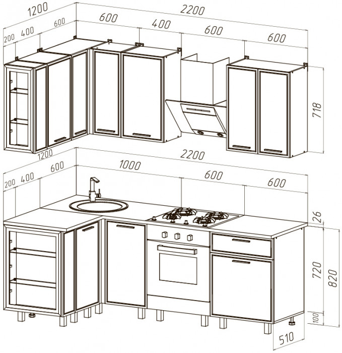 Модульная кухня Бьянка 1,2х2,2м, Крафт золотой/Кашемир