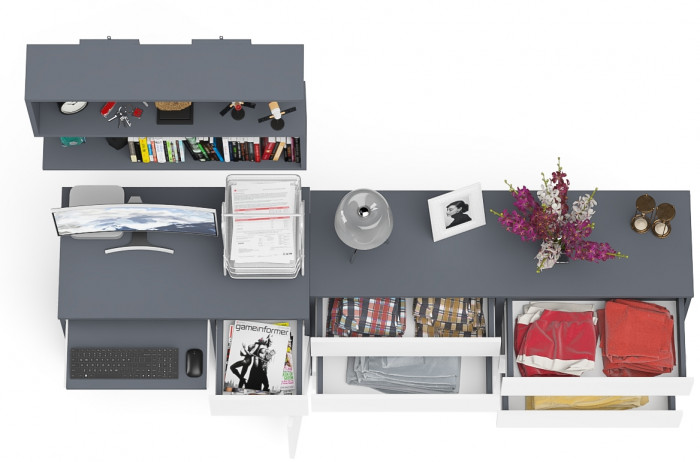 Мори Стол компьютерный МС-1 правый + Комод МК1380.6 + Полка 900, цвет графит/белый, ШхГхВ 228х50х209,6 см., НЕ универсальная сборка