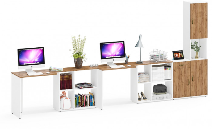 Лидер-8 Стол + Стол + Пенал + Тумба МД 3.15, цвет белый шагрень/крафт золото, ШхГхВ 410х50/30х75/190 см. или 230х50/160х75/190 см., НЕ универс. сборка