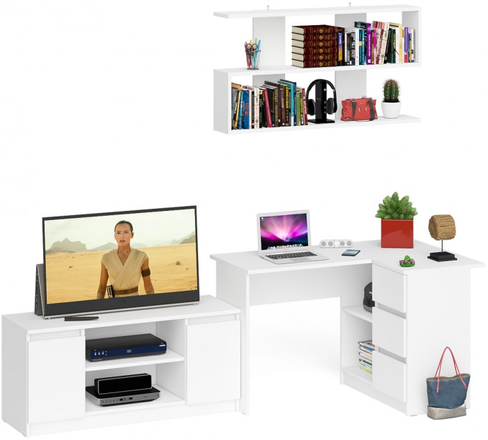 Мори компьютерный стол МС-16 правый + Тумба МТВ1200.1 + Полка 1200, белый