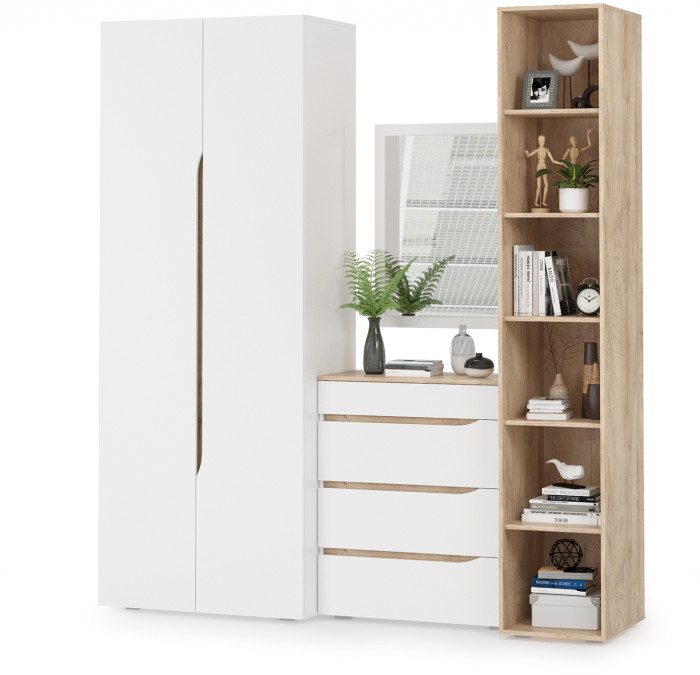 Муссон 13.198 Шкаф + 13.349 Стеллаж + 13.97 Комод + Зеркало СВК, белый/дуб эндгрейн элегантный