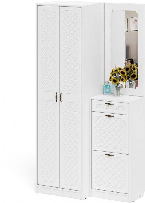 Прихожая П-6 Компоновка № 17, белая шагрень/фасады МДФ белое дерево фрезеровка ромб