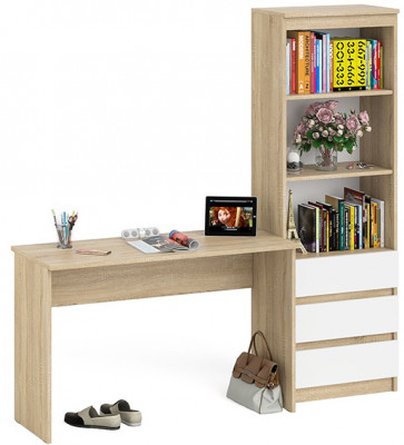 Мори Стол письменный МСП1200.1 + Стеллаж МСТ600.3, цвет дуб сонома/белый, ШхГхВ 180,8х50х179,6 см., универсальная сборка