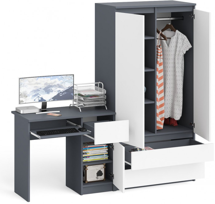 Мори Стол компьютерный МС-1 правый + Шкаф МШ900.1, цвет графит/белый, ШхГхВ 180,4х50,4х179,6 см., выдвижной ящик справа, НЕ универсальная сборка