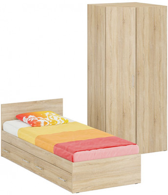 Кровать с ящиками 0900 + Шкаф угловой Стандарт, цвет дуб сонома, ШхГхВ 93,5х203,5х70 + 81,2х81,2х200 см., сп.м. 900х2000 мм., б/м, основание есть