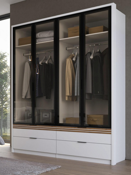 Шкаф-витрина 4-х створчатый с ящиками, Белый/Профиль МДФ Дуб вотан