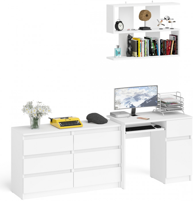 Мори Стол компьютерный МС-1 правый + Комод МК1200.6 + Полка 900, цвет белый, ШхГхВ 210,4х50х209,6 см., НЕ универсальная сборка