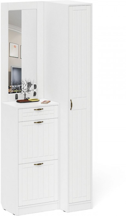 Прихожая П-6 Компоновка № 43, цвет белая шагрень/фасады МДФ белое дерево фрезеровка прованс, ШхГхВ 80х50х210 см., универсальная сборка