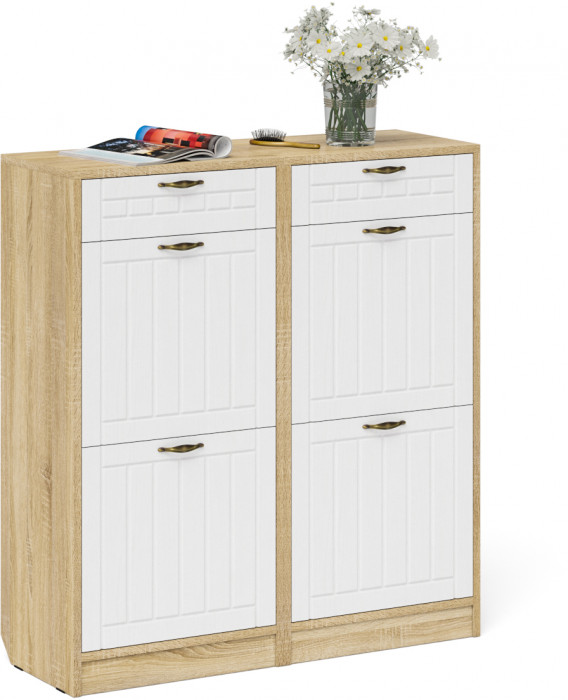 Прихожая П-6 Тумба для обуви 2 секции + Тумба для обуви 2 секции, цвет дуб сонома/фасады МДФ белое дерево фрезеровка прованс, ШхГхВ 100х35х108,3 см