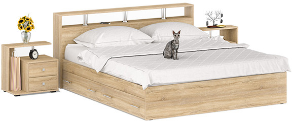 Камелия Кровать с ящиками 1800 + две тумбы, дуб сонома