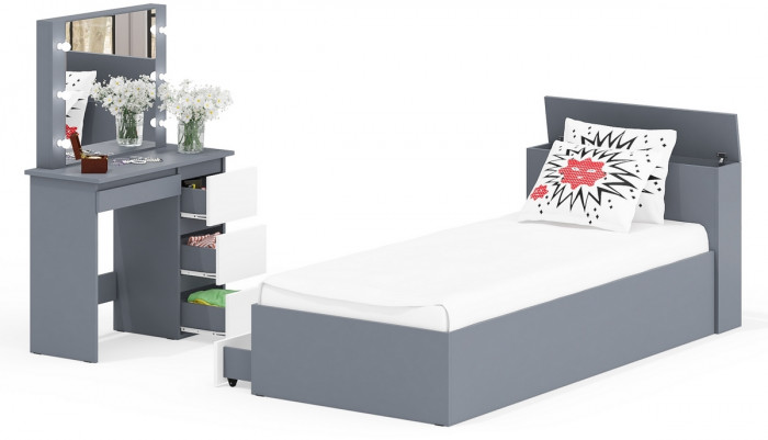 Ксения Кровать с ящиками 0900 + Стол косметический с подсветкой Сура, графит/белый