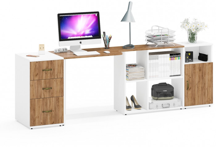 Лидер-8 Стол + Тумба МД 3.16 + Тумба МД 3.19, белый шагрень/крафт золото