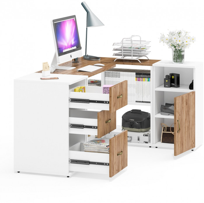 Лидер-8 Стол + Тумба МД 3.16 + Тумба МД 3.19, белый шагрень/крафт золото