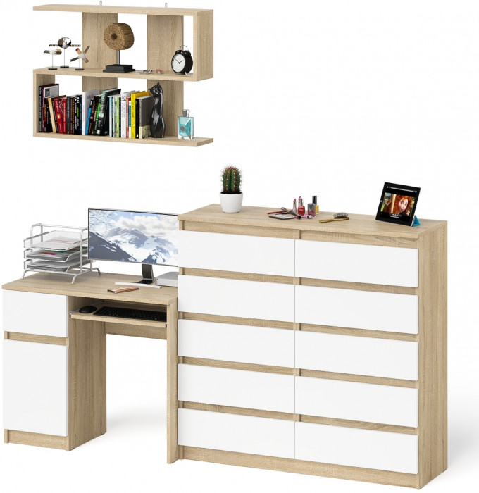 Мори компьютерный стол МС-1 левый + Комод МК1200.10 + Полка 900, дуб сонома/белый