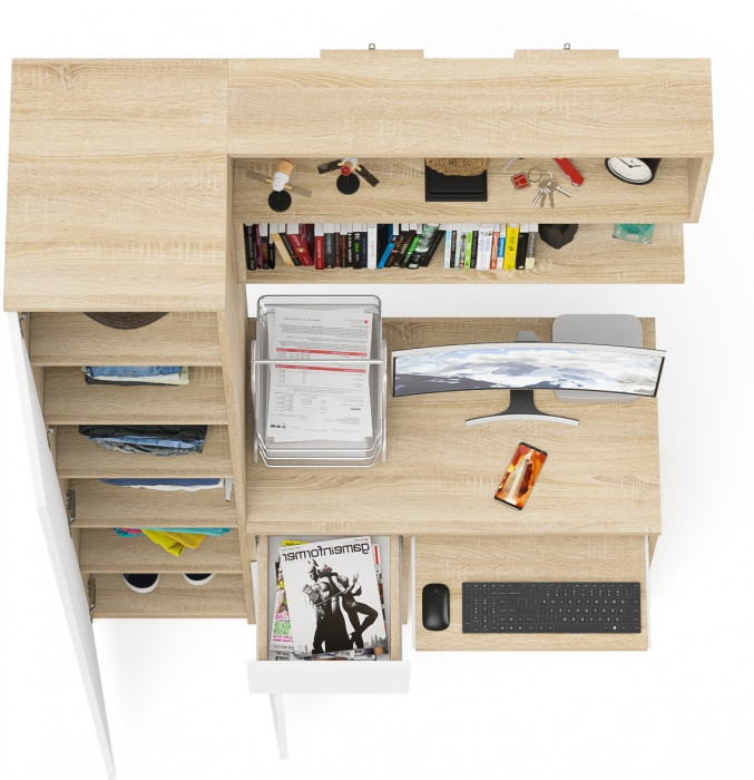 Мори компьютерный стол МС-1 левый + Пенал МШ400.1 + Полка 900, дуб сонома/белый