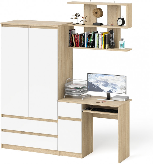 Мори компьютерный стол МС-1 левый + Шкаф МШ900.1 + Полка 900, дуб сонома/белый