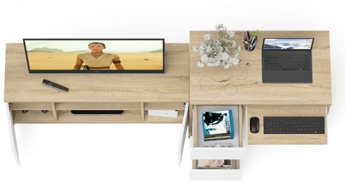 Мори компьютерный стол МС-6 левый + Тумба МТВ1200.1, дуб сонома/белый