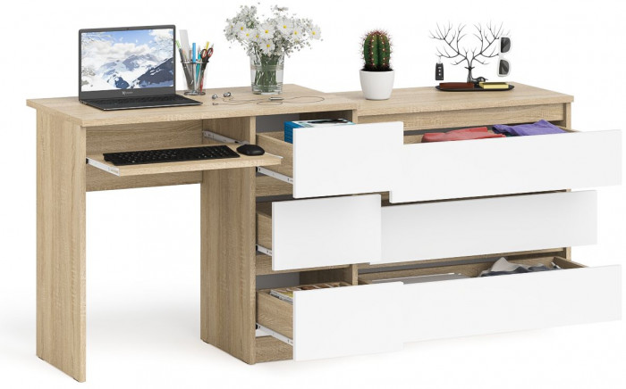 Мори компьютерный стол МС-6 правый + Комод МК800.1, дуб сонома/белый
