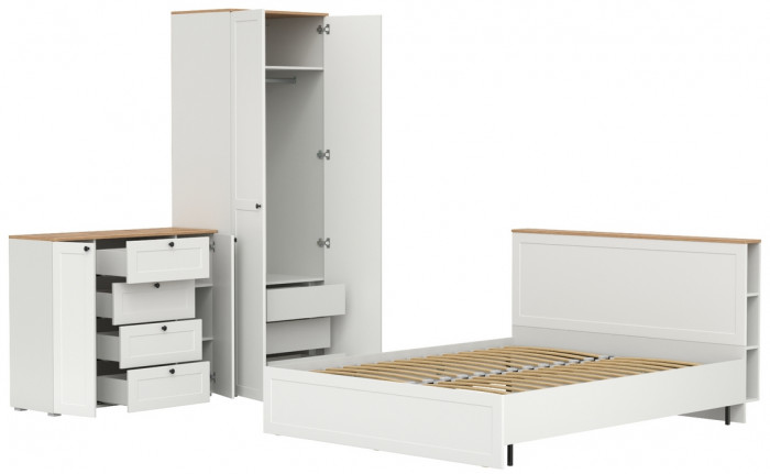 Остин 11.53 Кровать + ортопед + 13.336.02 Шкаф для одежды + 16.221 Комод, белый шагрень/дуб крафт золотой