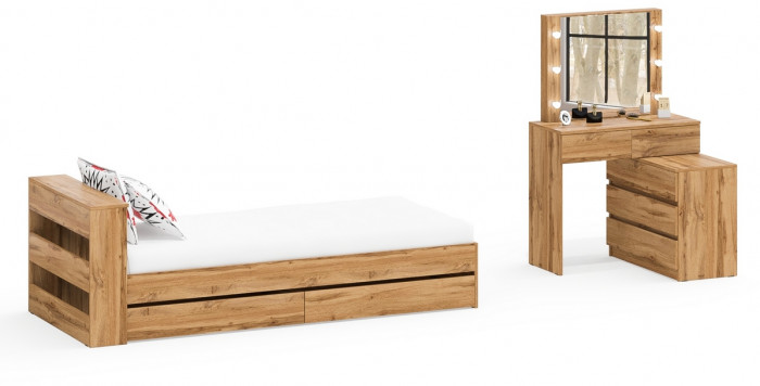Ксения Кровать с ящиками 0900 + Стол косметический с подсветкой 110, дуб вотан
