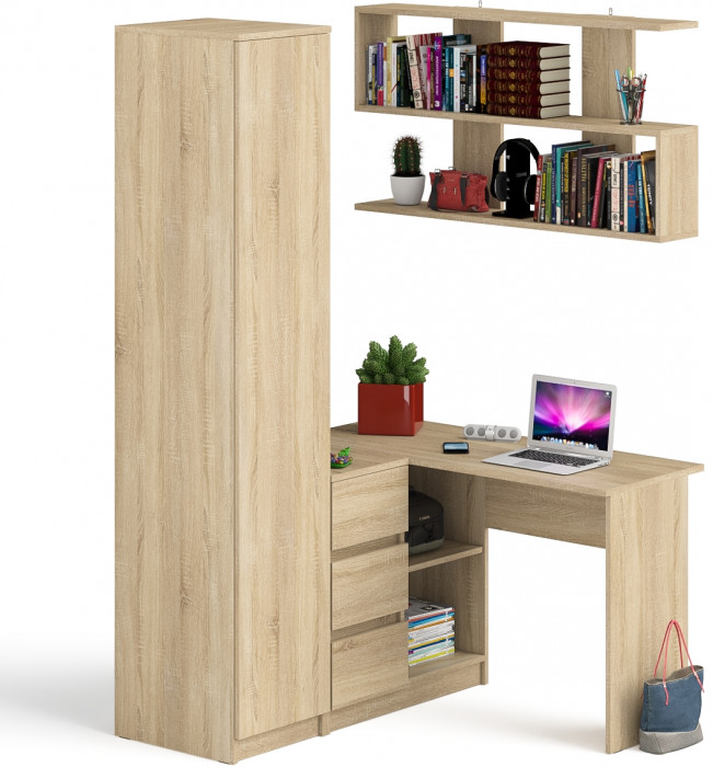 Мори компьютерный стол МС-16 левый + Пенал МШ400.1 + Полка 1200, дуб сонома