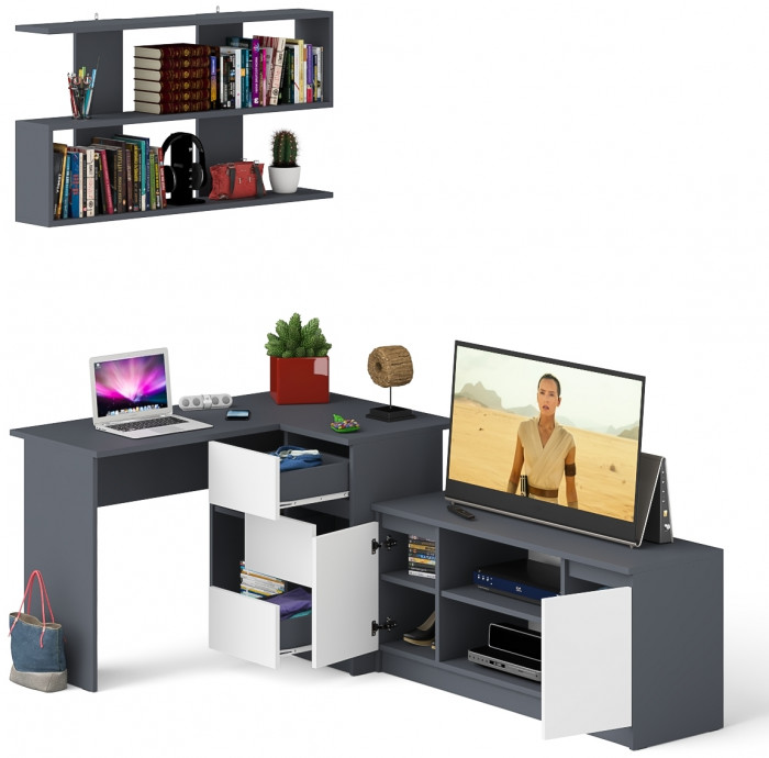 Мори компьютерный стол МС-16 правый + Тумба МТВ1200.1 + Полка 1200, графит/белый