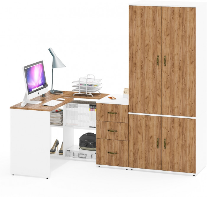 Лидер-8 Стол + Тумба МД 3.16 + Шкаф МД 19Б, белый шагрень/крафт золото