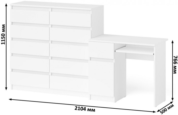 Мори компьютерный стол МС-1 левый + Комод МК1200.10, белый