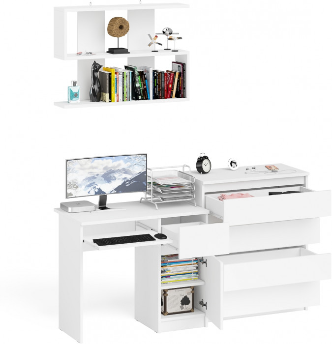 Мори компьютерный стол МС-1 правый + Комод МК800.4 + Полка 900, белый