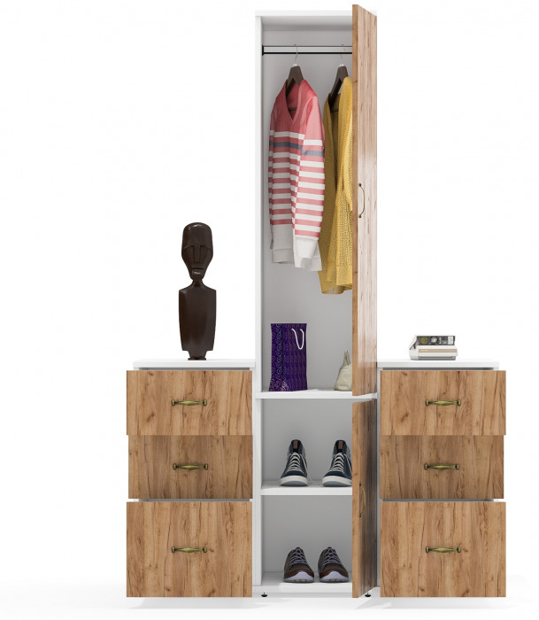 Лидер-8 Пенал МД 23Б + Тумба МД 3.16 + Тумба МД 3.16, цвет белый шагрень/крафт золото, ШхГхВ 120х50х190 см., универсальная сборка