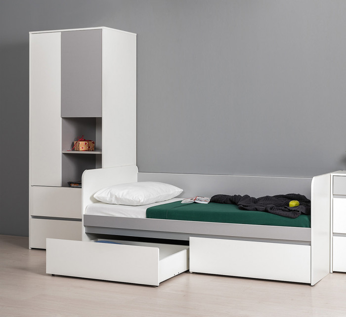 Торонто 11.39 Кровать + 13.333 Шкаф для одежды, цвет белый шагрень/стальной серый, ШхГхВ 274х84,4х195,7 см., сп. м. 800х1900 мм., б/м, основание есть