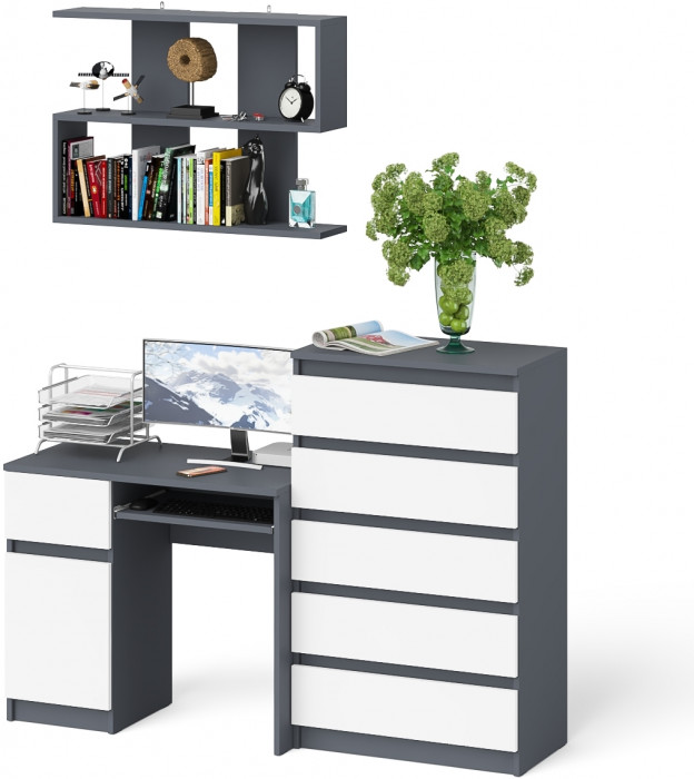 Мори компьютерный стол МС-1 левый + Комод МК700.5 + Полка 900, графит/белый