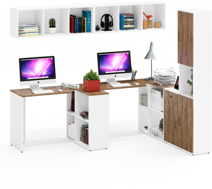 Лидер-8 Стол + Полка + Стол + Полка + Пенал + Тумба МД 3.15, белый шагрень/крафт золото