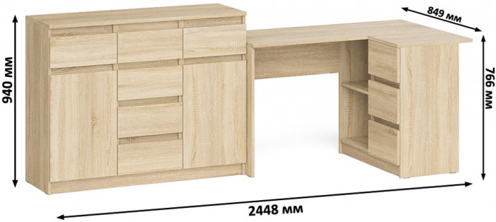Мори компьютерный стол МС-16 правый + Комод МК1200.4, дуб сонома