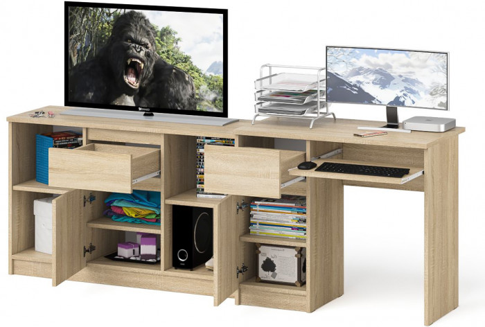 Мори Стол компьютерный МС-1 левый + Тумба МТВ1204.1, цвет дуб сонома, ШхГхВ 210,4х50х76,6 см., выдвижной ящик слева, НЕ универсальная сборка