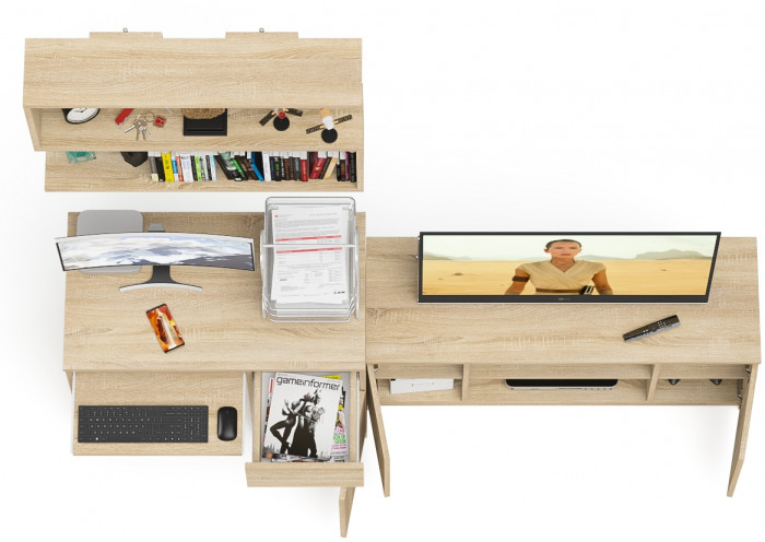 Мори Стол компьютерный МС-1 правый + Тумба МТВ1200.1 + Полка 900, цвет дуб сонома, ШхГхВ 210,4х50х209,6 см., НЕ универсальная сборка